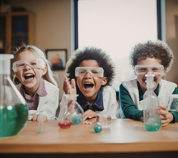Three preschool children with goggles sitting by a table with flasks filled for science experiments.