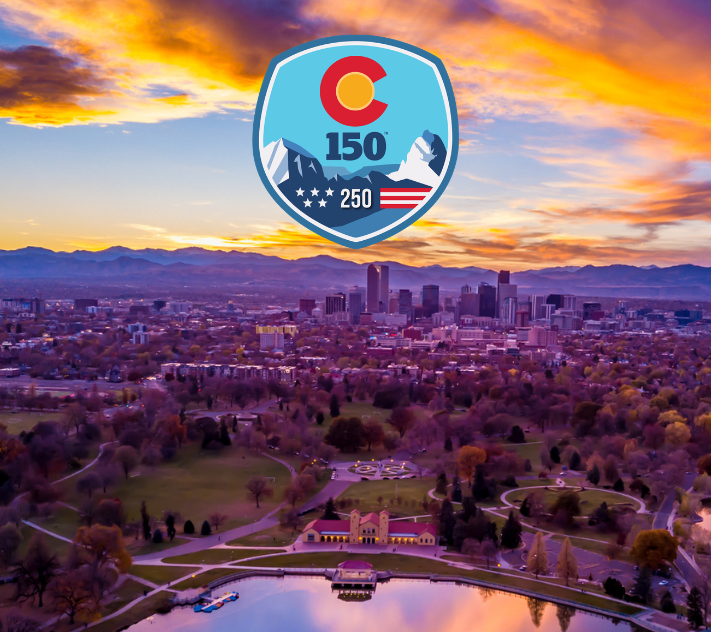 Denver skyline with sesquisemiquincentennialogo