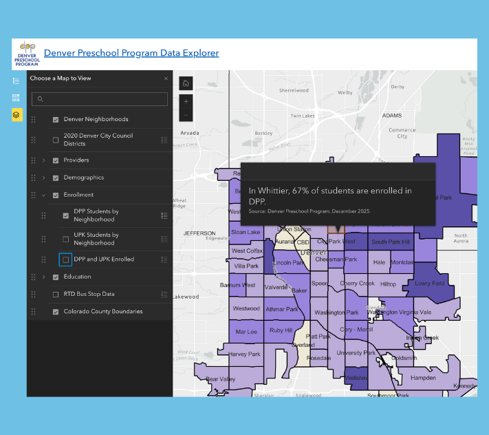 Map outlining percentage of Denver 4-year-olds in each neighborhood participating in DPP.