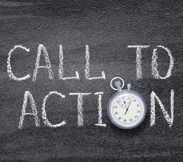 Chalkboard with the words "call to action" written and an alarm clock as the "o."
